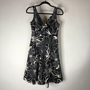 CATHERINE STEWART Black & White Floral A-line Flirty Summer Cocktail Party Dress